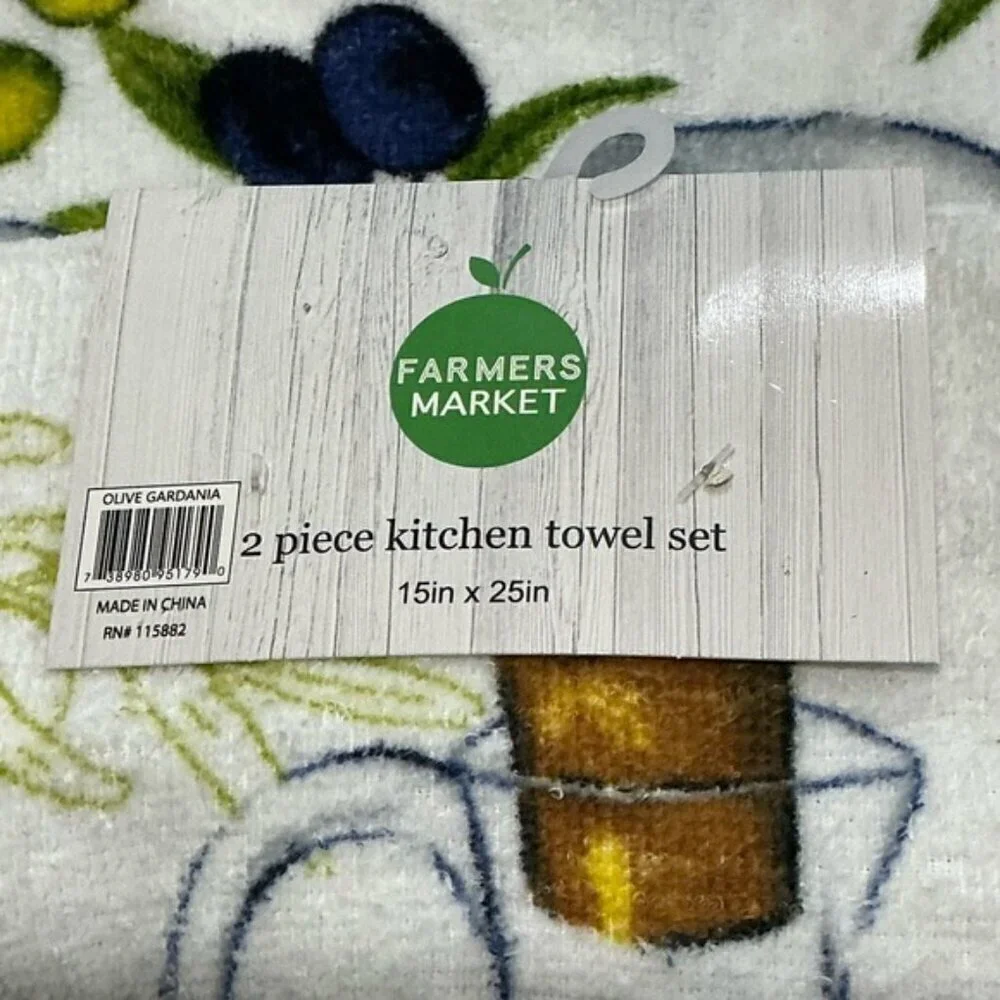 Farmers Market Cotton Towels Mediterranean Olive Theme Green Yellow 2 Pieces